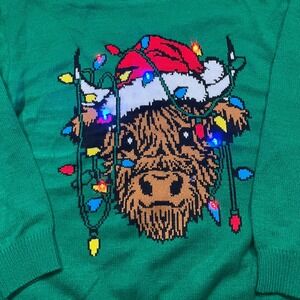 Freeze Highland Cow Light Up Ugly Christmas Sweater Green XL Santa Hat  Working